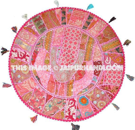 Pink XL 32" Big Round seating Floor Pillow Cushion Bohemian Patchwork floor cushion pouf Vintage Indian Foot Stool Bean Bag-Jaipur Handloom