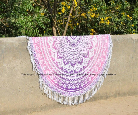 Pink and Purple Ombre Medallion Mandala Roundie Beach Throw-Jaipur Handloom