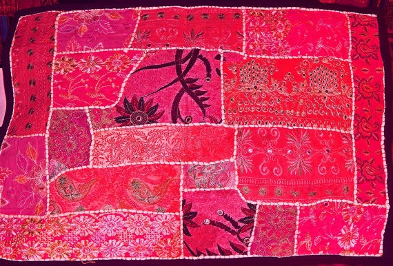 Pink embroidered decorative curtains queen patchwork bed cover bedding-Jaipur Handloom