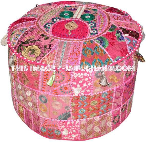 Pink pouf Gypsy Bohemian Vintage Patchwork Indian Pouf-Jaipur Handloom