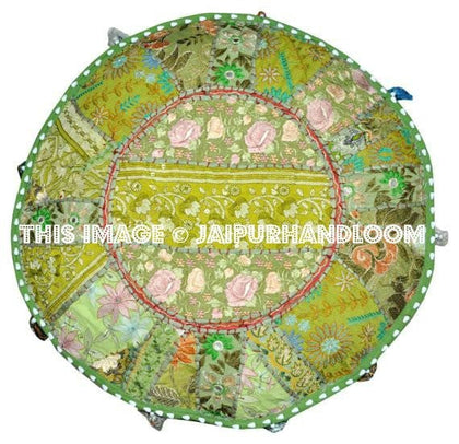Pretty Indian Pouf in Lemon Green Stool pouffe footstool bean bag-Jaipur Handloom