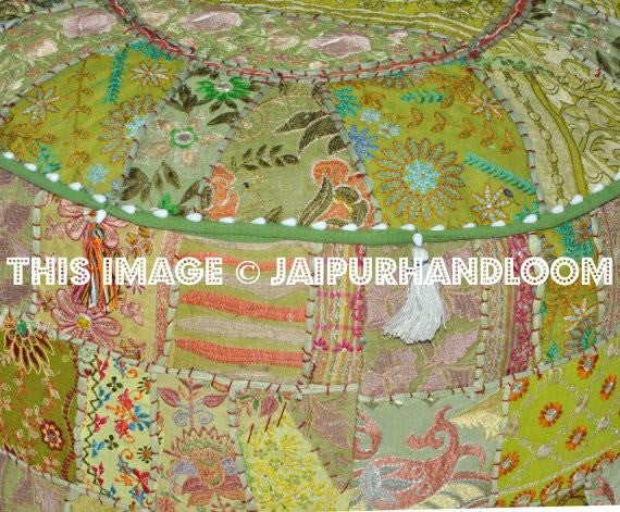 Pretty Indian Pouf in Lemon Green Stool pouffe footstool bean bag-Jaipur Handloom
