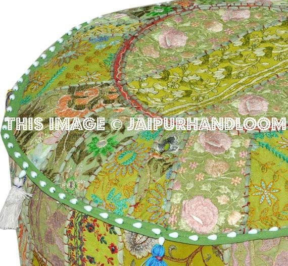 Pretty Indian Pouf in Lemon Green Stool pouffe footstool bean bag-Jaipur Handloom