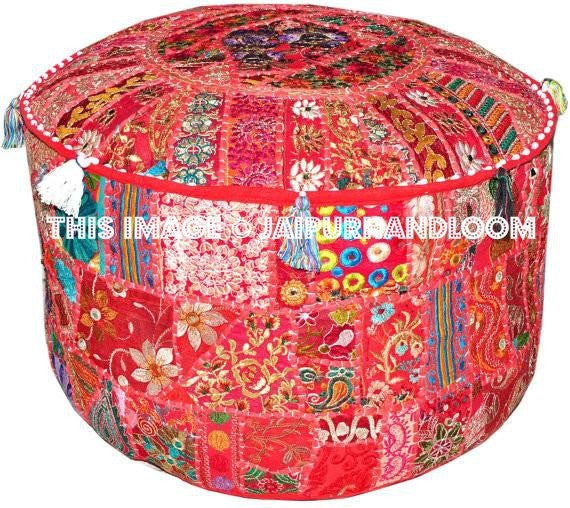 Pretty Indian Pouf in Red/Burgundy Stool pouffe footstool-Jaipur Handloom