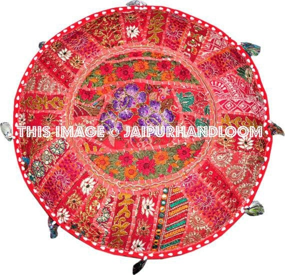 Pretty Indian Pouf in Red/Burgundy Stool pouffe footstool-Jaipur Handloom