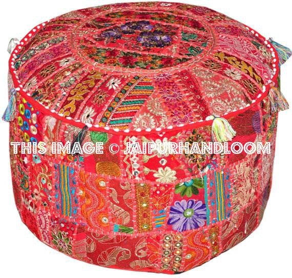 Pretty Indian Pouf in Red/Burgundy Stool pouffe footstool-Jaipur Handloom