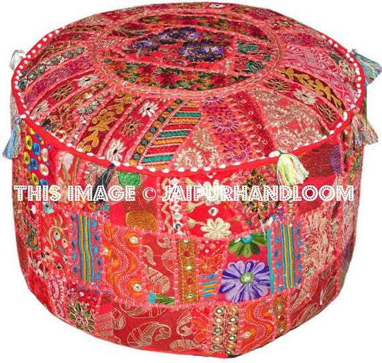 Pretty Indian Pouf in Red/Burgundy Stool pouffe footstool-Jaipur Handloom