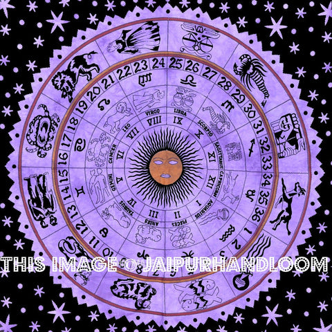 Psychedelic Purple Zodiac Wall Tapestry Dorm room horoscope Astrology Tapestry-Jaipur Handloom