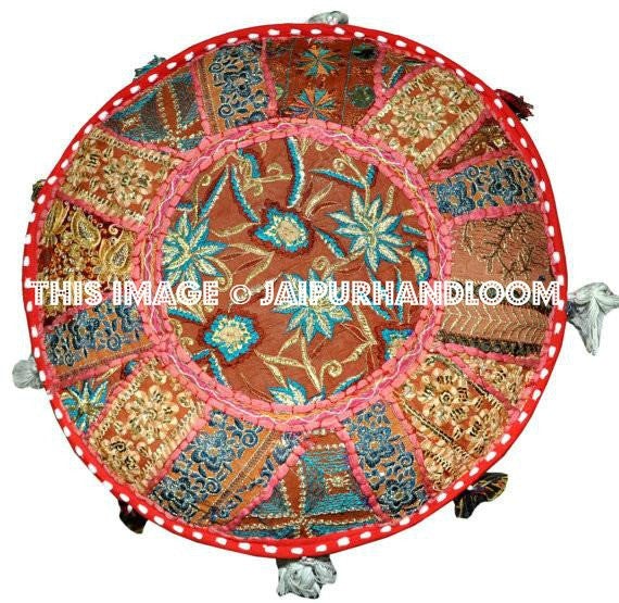 Pure Bohemian Patchwork Pouf Ottoman, Vintage Indian Pouf-Jaipur Handloom