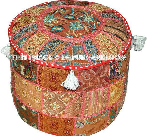 Pure Bohemian Patchwork Pouf Ottoman, Vintage Indian Pouf-Jaipur Handloom