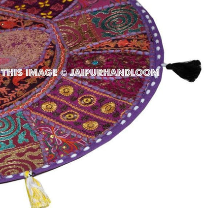 Purple 22" Big Round Floor Pillow Cushion round seating Bohemian Patchwork floor cushion pouf Vintage Indian Foot Stool Bean Bag tapestry-Jaipur Handloom