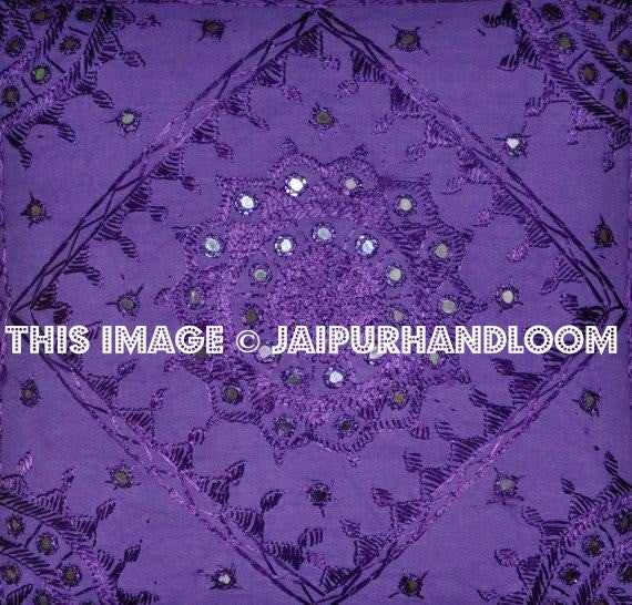 Purple Boho Throw Pillow Handmade Mirror Work Pillow Decorative Floor Pillow Cushions-Jaipur Handloom