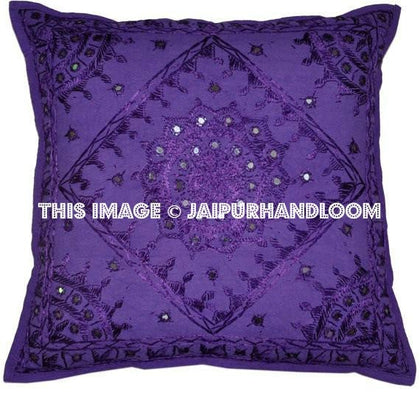 Purple Boho Throw Pillow Handmade Mirror Work Pillow Decorative Floor Pillow Cushions-Jaipur Handloom