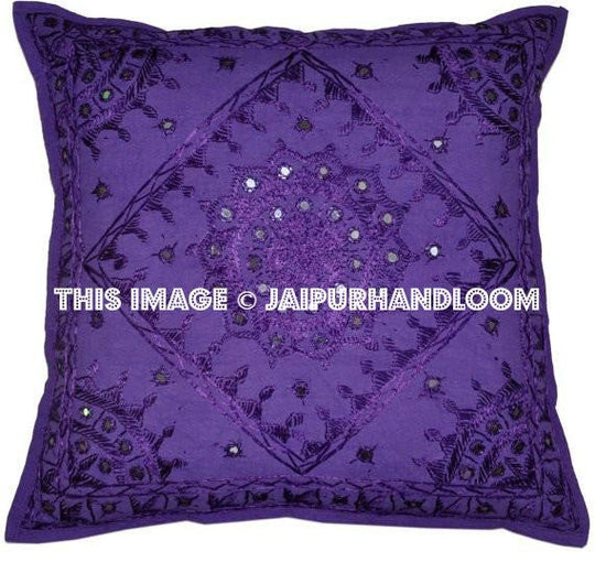 Purple Boho Throw Pillow Handmade Mirror Work Pillow Decorative Floor Pillow Cushions-Jaipur Handloom