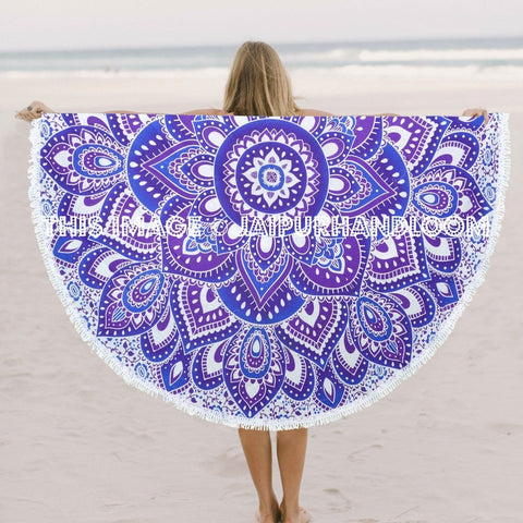 Purple Floral Ombre Mandala Roundie, Beach Throw Towel-Jaipur Handloom