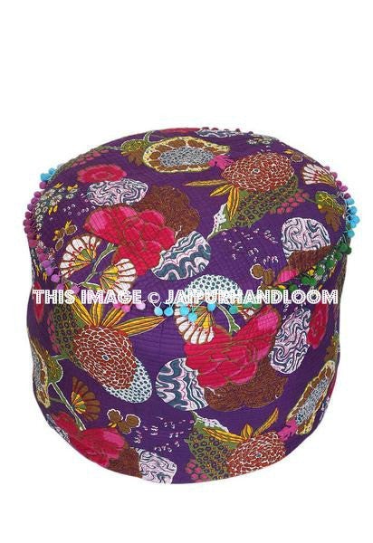 Purple Kantha Pouf Ottoman-Jaipur Handloom