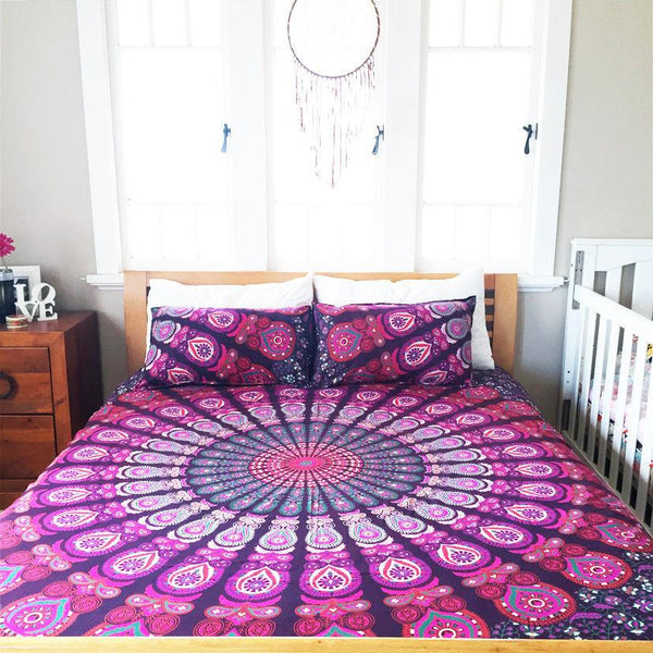 Purple Mandala Bedspread / Bed Cover set and 2 pillow cases-Jaipur Handloom