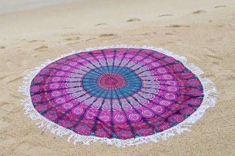 Purple Multi Color Peacock Cotton Mandala Roundie Beach Throw-Jaipur Handloom