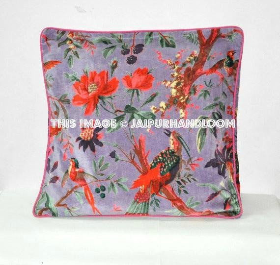 Purple Velvet Decorative Throw pillow, Patchwork Pillow, Outdoor floor cushion, couch Pillow, Floor Pillow, Accent Pillow, bird print pillow-Jaipur Handloom