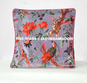Purple Velvet Decorative Throw pillow, Patchwork Pillow, Outdoor floor cushion, couch Pillow, Floor Pillow, Accent Pillow, bird print pillow-Jaipur Handloom