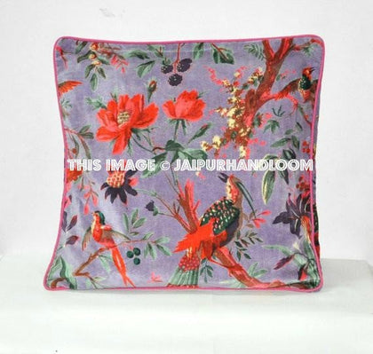 Purple Velvet Decorative Throw pillow, Patchwork Pillow, Outdoor floor cushion, couch Pillow, Floor Pillow, Accent Pillow, bird print pillow-Jaipur Handloom
