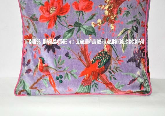 Purple Velvet Decorative Throw pillow, Patchwork Pillow, Outdoor floor cushion, couch Pillow, Floor Pillow, Accent Pillow, bird print pillow-Jaipur Handloom