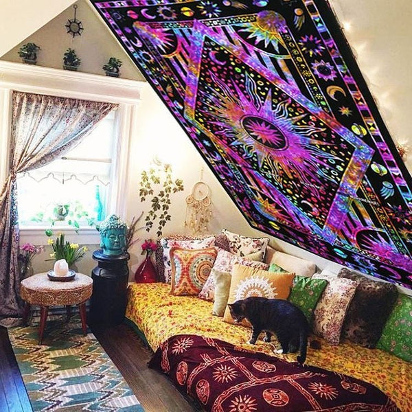 Purple college room tie dye tapestry Sun and moon tapestry wall hangings-Jaipur Handloom