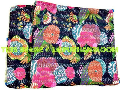 Queen Black Floral kantha Quilt , Bedding , Bedspread, Bed cover , Kantha Blanket