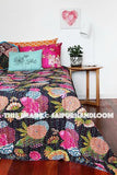 Queen Black Floral kantha Quilt , Bedding , Bedspread, Bed cover , Kantha Blanket