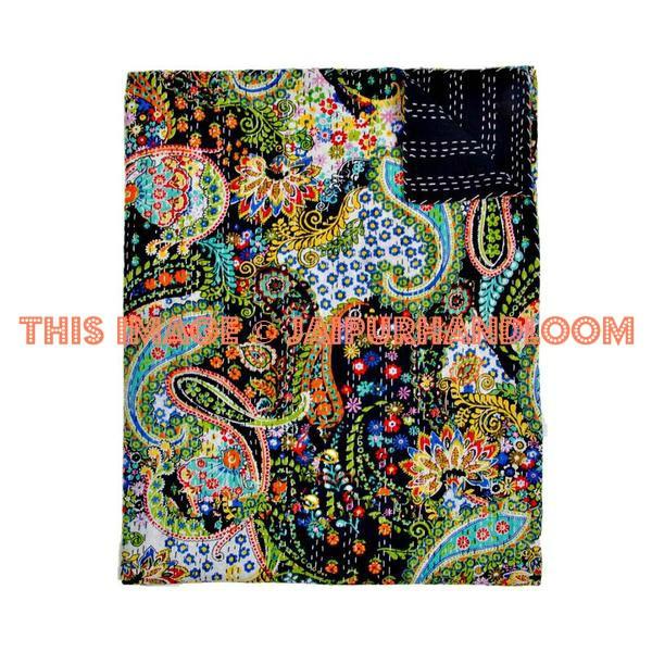 Queen Black Paisley kantha Blankets Bedspread Bedding Throw