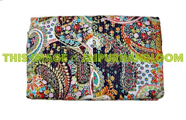 Queen Black Paisley kantha Blankets Bedspread Bedding Throw