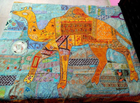 Queen Camel Indian Embroidered Bedspread Bedding Boho Patchwork sofa cover-Jaipur Handloom
