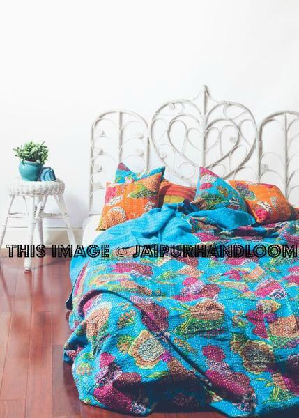 Queen Cotton Kantha Throw Bohemian Kantha Bedspread-Jaipur Handloom