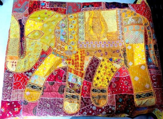 Queen Elephant Bed cover Indian Embroidered Bedspread bedding-Jaipur Handloom