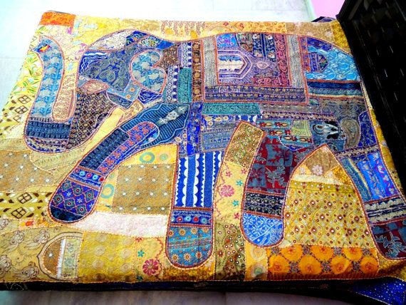 Queen Elephant Bed cover Indian Embroidered Bedspread bedding-Jaipur Handloom