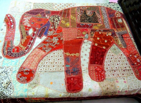 Queen Elephant Indian Embroidered Tapestry Bohemian patchwork Bedspread-Jaipur Handloom