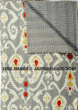 Queen Gray Ikat paisley Quilt Kantha Bedspread Bedding-Jaipur Handloom