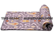 Queen Gray Ikat paisley Quilt Kantha Bedspread Bedding-Jaipur Handloom