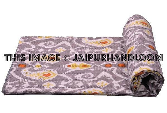 Queen Gray Ikat paisley Quilt Kantha Bedspread Bedding-Jaipur Handloom