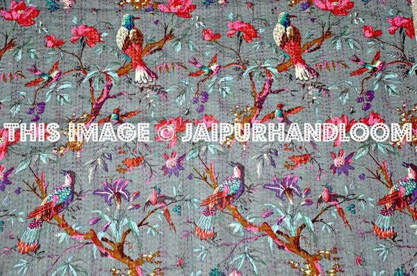 Queen Gray kantha throw in Bird print Kantha Quilts, Bedspread, Handmade Sari Quilt-Jaipur Handloom