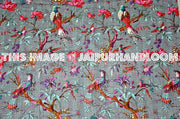 Queen Gray kantha throw in Bird print Kantha Quilts, Bedspread, Handmade Sari Quilt-Jaipur Handloom