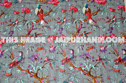 Queen Gray kantha throw in Bird print Kantha Quilts, Bedspread, Handmade Sari Quilt-Jaipur Handloom