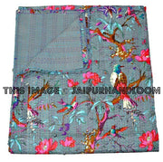 Queen Gray kantha throw in Bird print Kantha Quilts, Bedspread, Handmade Sari Quilt-Jaipur Handloom