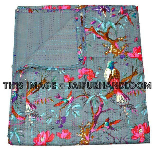 Queen Gray kantha throw in Bird print Kantha Quilts, Bedspread, Handmade Sari Quilt-Jaipur Handloom