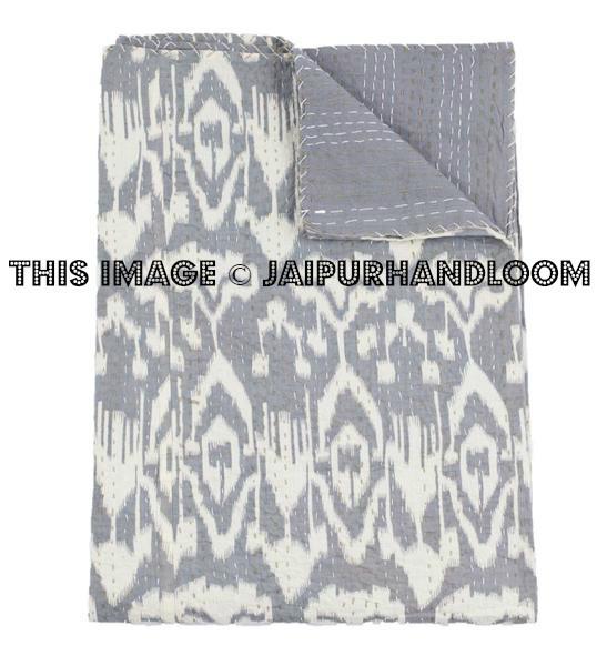 Queen Ikat Bedspread in gray Kantha Quilt, Ikat bedspread-Jaipur Handloom