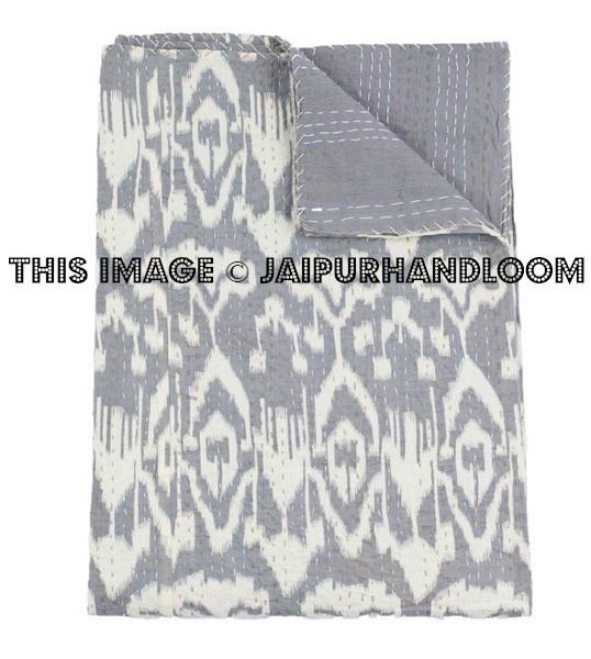Queen Ikat Bedspread in gray Kantha Quilt, Ikat bedspread-Jaipur Handloom
