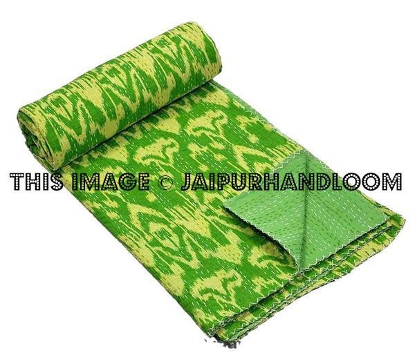 Queen Ikat Kantha Quilt, Kantha Quilt, Ikat Quilt, Ikat Blanket Throw, Kantha Blanket Throw, Ikat Kantha Bed Cover, Gren Blanket