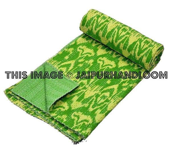 Queen Ikat Kantha Quilt, Kantha Quilt, Ikat Quilt, Ikat Blanket Throw, Kantha Blanket Throw, Ikat Kantha Bed Cover, Gren Blanket-Jaipur Handloom