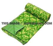 Queen Ikat Kantha Quilt, Kantha Quilt, Ikat Quilt, Ikat Blanket Throw, Kantha Blanket Throw, Ikat Kantha Bed Cover, Gren Blanket-Jaipur Handloom
