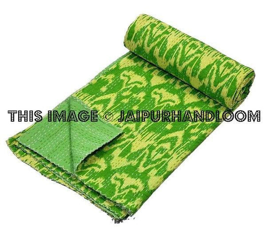 Queen Ikat Kantha Quilt, Kantha Quilt, Ikat Quilt, Ikat Blanket Throw, Kantha Blanket Throw, Ikat Kantha Bed Cover, Gren Blanket-Jaipur Handloom